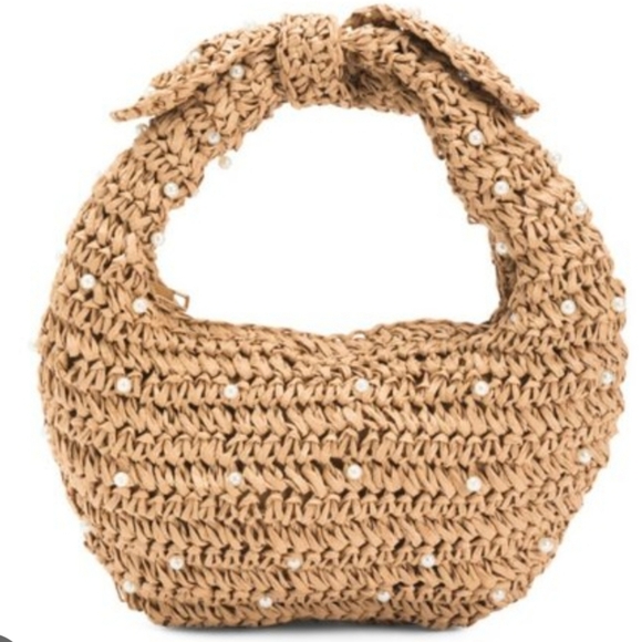 HAUTE HIPPIE Woven Straw Slouchy Shoulder Bag With Pearl Accents. Tan. NWT - Picture 1 of 13